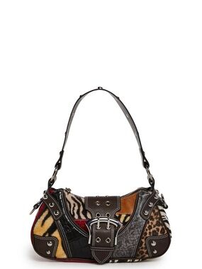 Vintage Multicolor Patchwork Shoulder Bag with Brown Trim